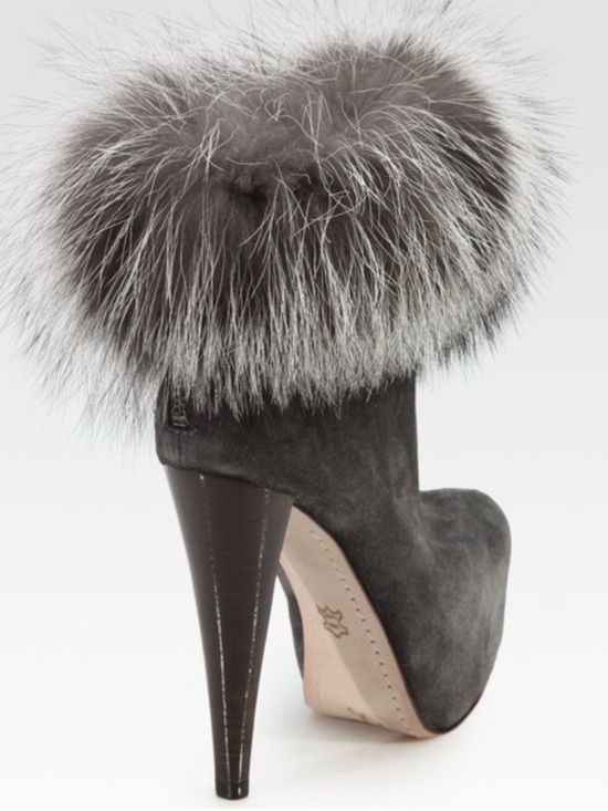 Alice + Olivia Shoes - Lux Fur Cuff Suede Stiletto Bootie - Gray